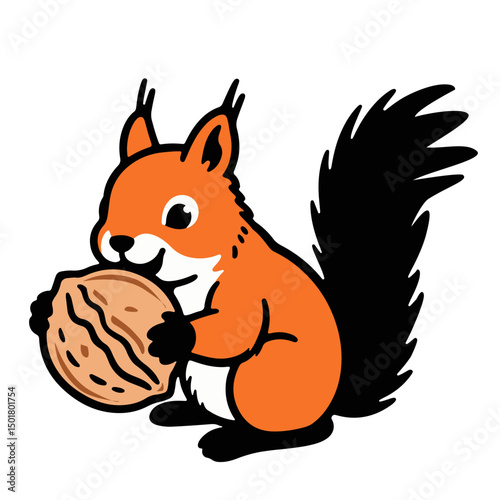 A cute cartoon squirrel holds a large walnut.