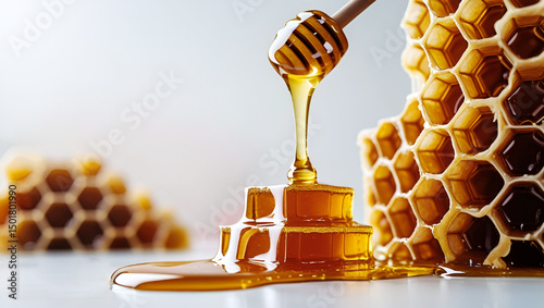 Golden Honeycomb Delight Sweet Nectar Dripping From Dipper Symbolizing Natural Sweetness And Bee Pollination with a Shallow Depth of Field