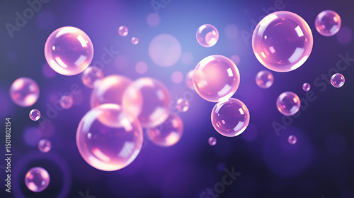 A modern abstract scene with 3D floating spheres and transparent bubbles, glowing bokeh lights in the background, with a dark purple-blue gradient, high contrast, cinematic lighting