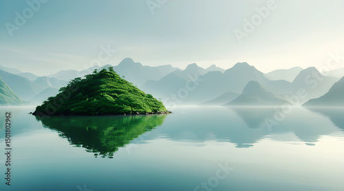 Tranquil Lakeside Scenery a Lush Green Island Amidst Still Waters Reflecting Misty Mountains on a Peaceful Horizon