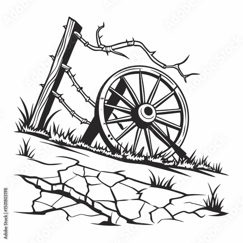 Broken Wagon Wheel and Rustic Fence Vector Illustration