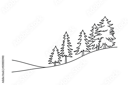 Simple outline illustration of pine trees on a sloping hillside in black and white