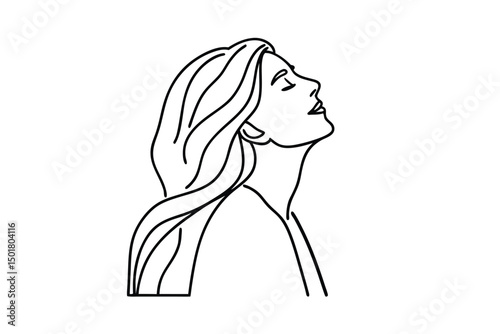 Minimalist line art illustration of a woman with long flowing hair looking upwards