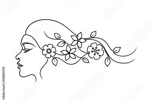 Elegant female silhouette with floral hair adornments in black and white style