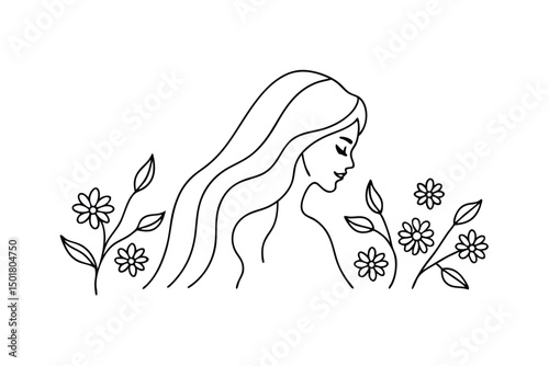 Elegant line art illustration of a woman with long hair and floral elements