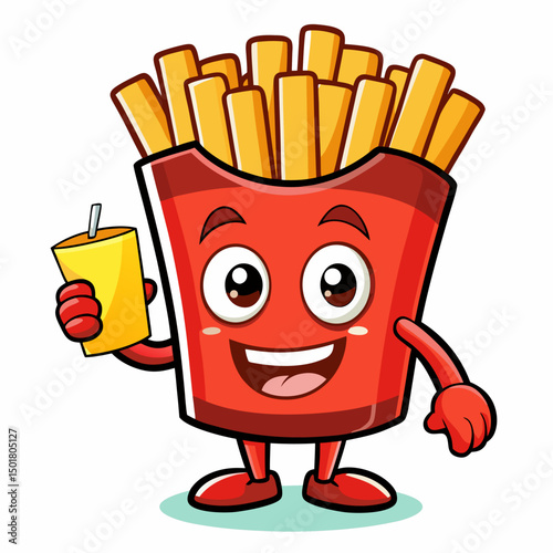 Delicious cartoon french fries with ketchup in a box for a salty fast food snack or meal illustration