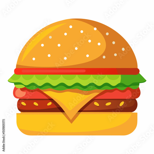 Classic beef cheeseburger with sesame bun, fresh lettuce, and tomato, isolated on white