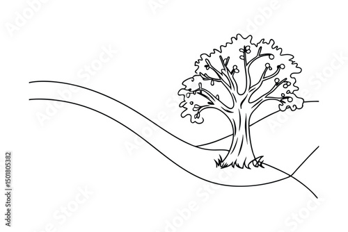 A simple line drawing of a lush tree and gently winding lines on white background