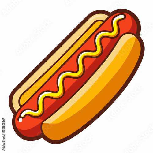 Hot dog vector illustration with mustard on a bun, a delicious fast food snack