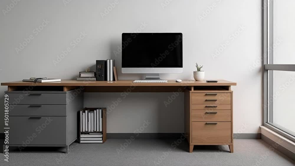 Modern minimalist home office workspace featuring a sleek wooden desk computer keyboard and stylish storage drawers perfect for productivity and design inspiration
