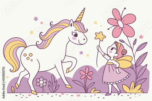 Cute Unicorn and Fairy in a Magical Flower Garden