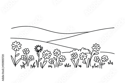 Simple black and white illustration of flowers field with a hill scene in the background