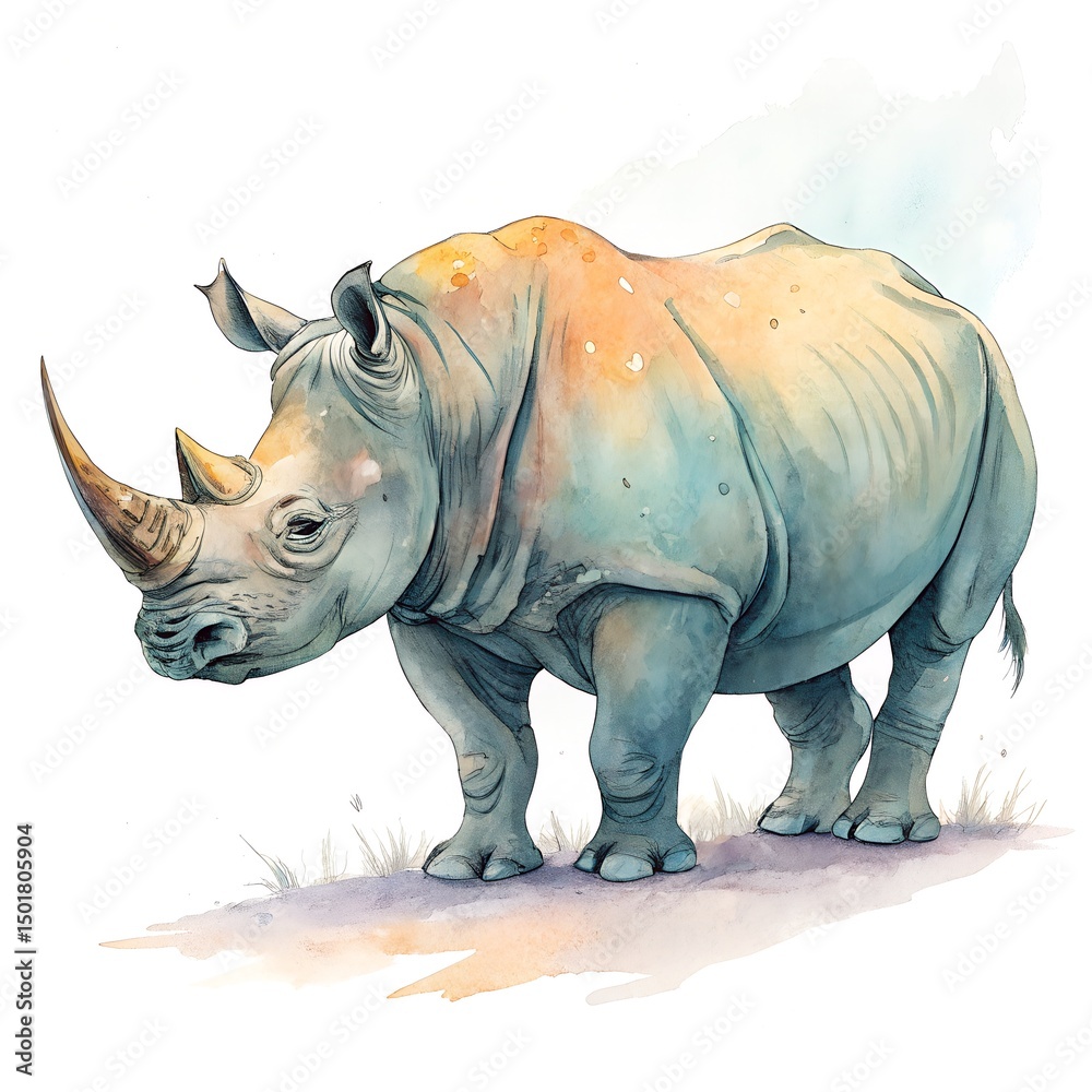 Obraz premium Hand-Painted Watercolor Rhinoceros Illustration Isolated on White Background
