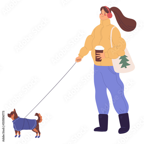 Woman walking a dog illustration