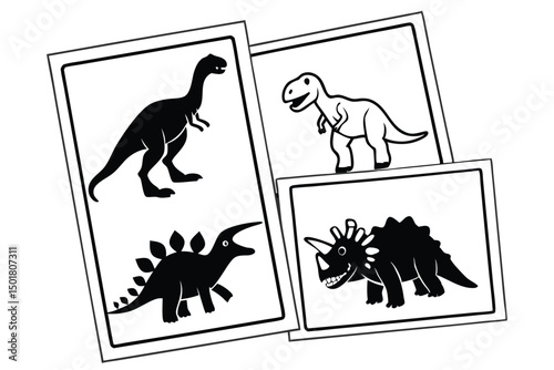 Black and White Dinosaur Illustrations on Cards