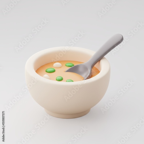 A 3d rendered bowl of creamy soup with dumplings and a spoon resting on its edge.