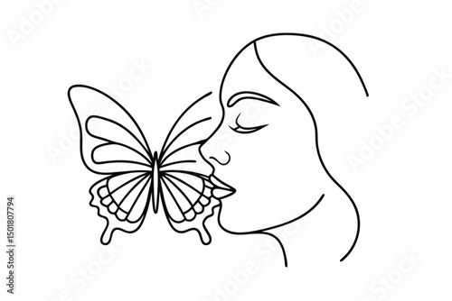 Minimalist line art illustration of a woman with a butterfly on her lips in black and white