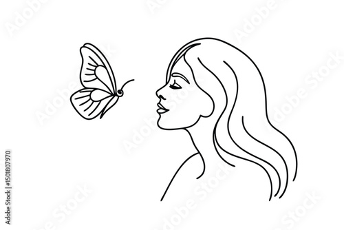 Minimalist line art illustration of a woman observing a butterfly in peaceful contemplation