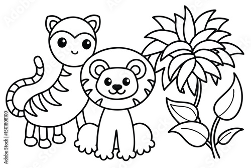 Cute Cartoon Tiger and Lion with Tropical Plant Coloring Page