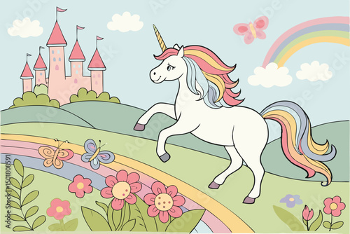 Cute Unicorn in Magical Rainbow Landscape with Castle