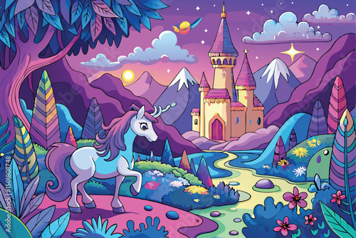 Magical Unicorn in a Fantasy Landscape with Castle
