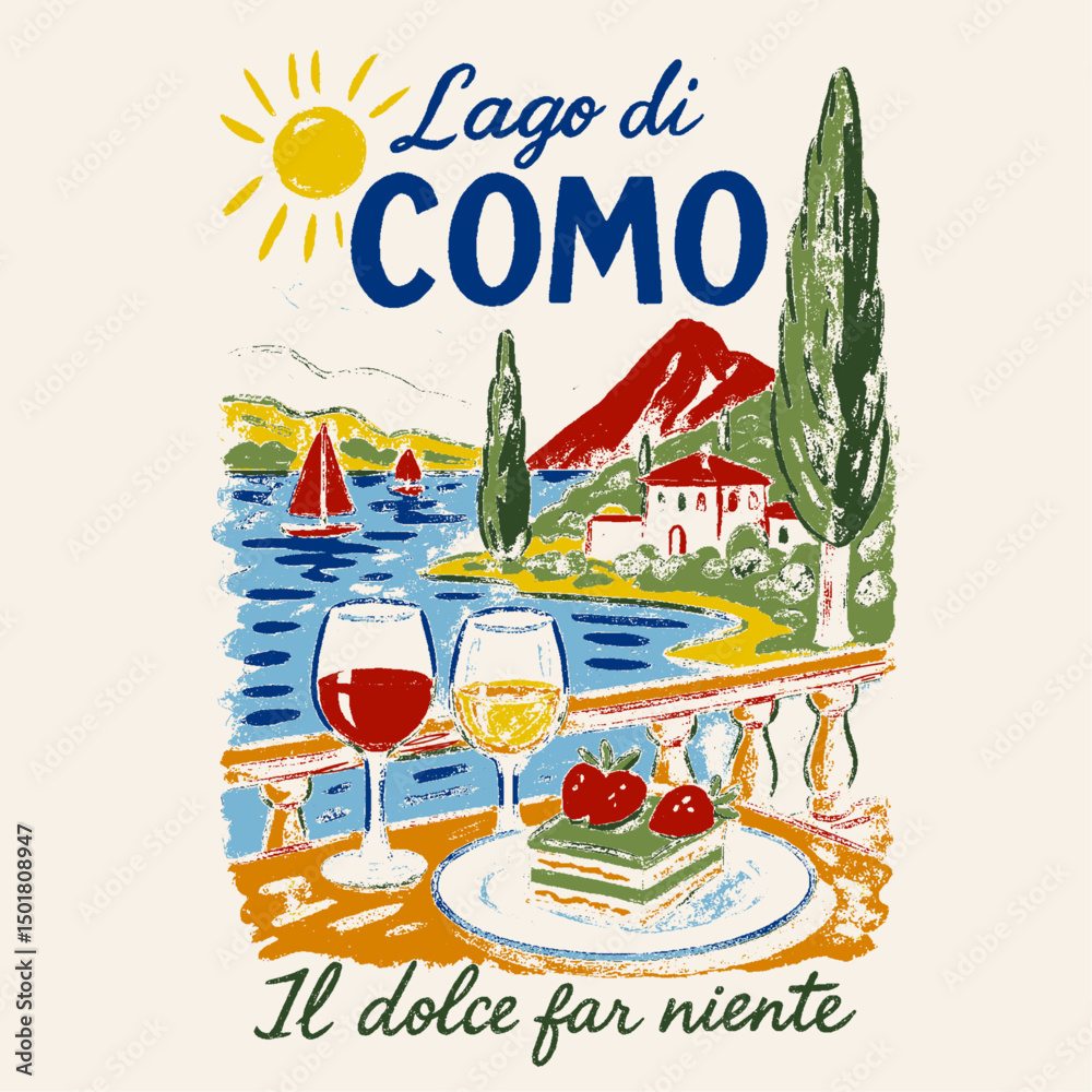 Watercolor hand painting itali sketch. beach graphic t shirt print design. Beach paradise resort. Endless summer artwork. Lago di como italian words typograpy  t shirt. Food print  t-shirt design.