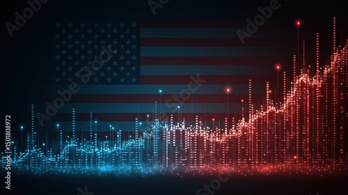 Vibrant digital data charts and graphs layered over patriotic US flag background