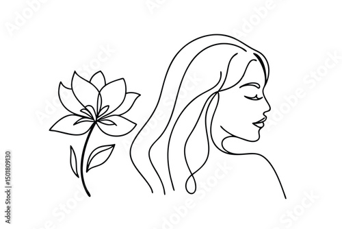 Minimalist linear illustration of a woman and a lotus flower in black and white