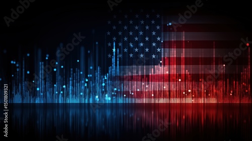 Digital American flag background with glowing technology data points and rising charts