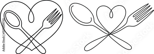 Heart Spoon and Fork One-Line Art, Minimalist Kitchen Love Logo Duo.