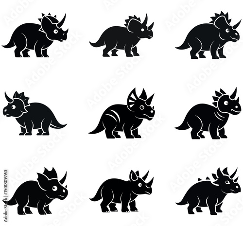 Black Triceratops Dinosaur Silhouettes Bundle – Vector Prehistoric Icons Set