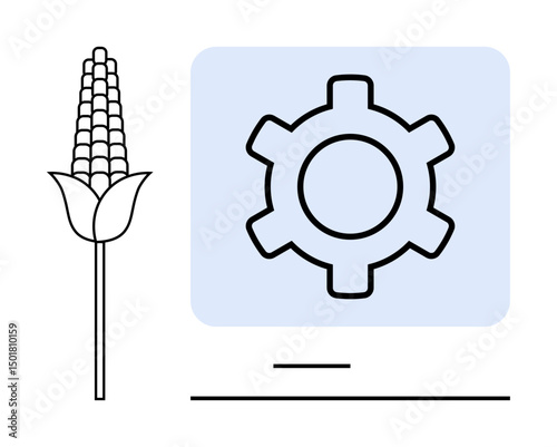Corn icon next to a gear symbol for technology, demonstrating agricultural advancement. Ideal for agriculture, sustainability, innovation, technology, farming processes, modern agriculture, simple