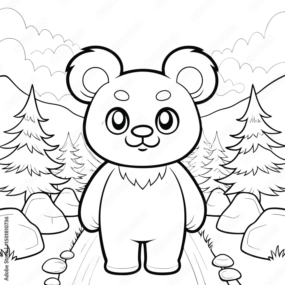 Fototapeta premium Adorable Cartoon Bear Coloring Page Forest Path Illustration