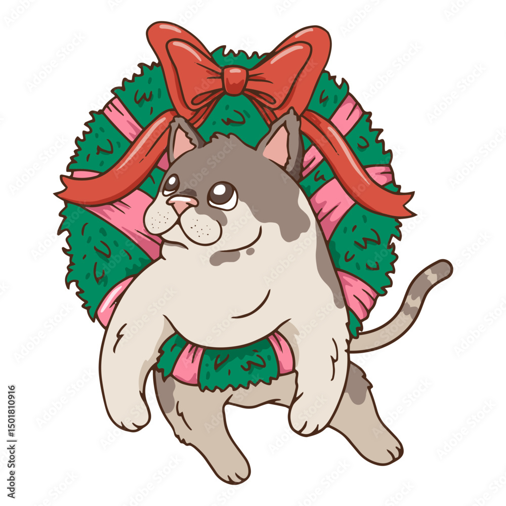 Fototapeta premium Adorable cat in a festive Christmas wreath