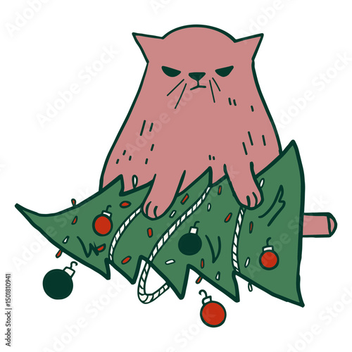 A cat perched atop a fallen Christmas tree