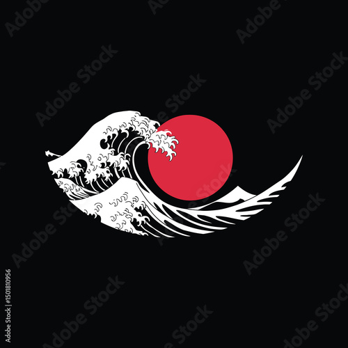 Stylized Wave and Sun Illustration on Minimalist Black Background