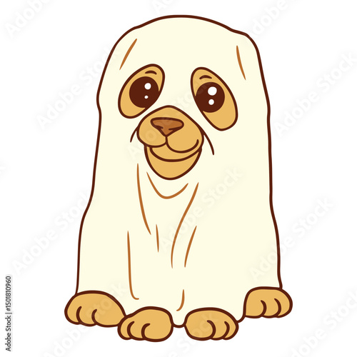 Cute and ghostly dog in a sheet costume