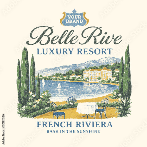 Watercolor hand painting resort sketch. Belle Rive graphic t shirt print design. Beach paradise resort. Endless summer artwork. french word typography for t shirt.  resort t-shirt design.