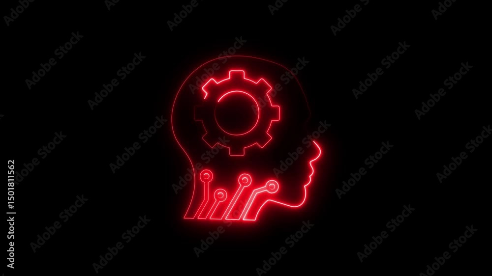 Red neon outline of human head with gear symbolizing artificial intelligence Red neon outline of human head with gear symbolizing artificial intelligence