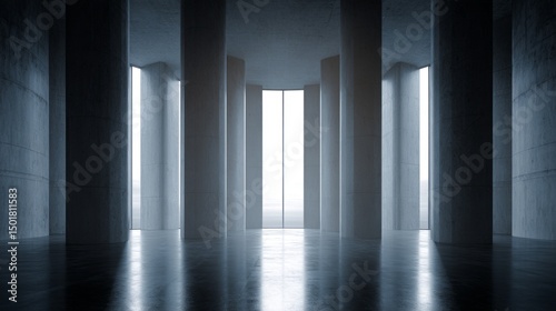 Minimalist interior with concrete columns and soft light  embodying serene geometric harmony 