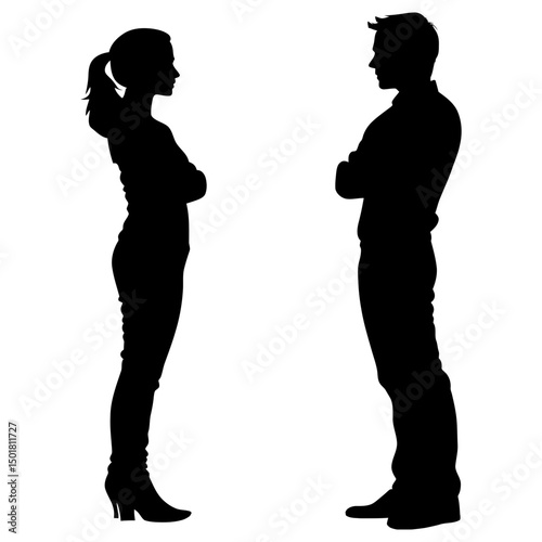 Silhouette of Man and Woman Facing Each Other with Folded Arms