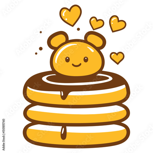 Cute Cartoon Pancakes with Smiling Syrup Bear and Hearts