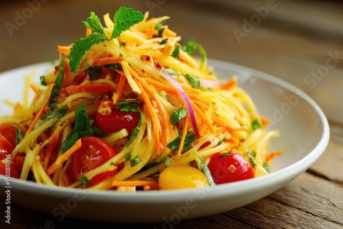 Spicy green mango salad with sour mango, chopped mint and coriander, chili, lime juice, red onion, and crushed roasted peanuts on top. photo