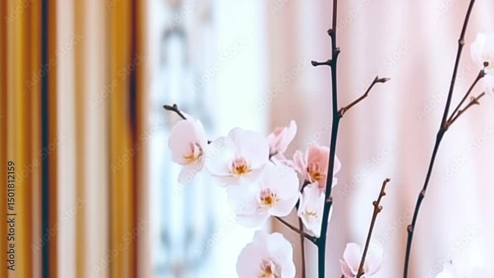 Delicate white orchids in a soft-lit indoor setting with elegant decor