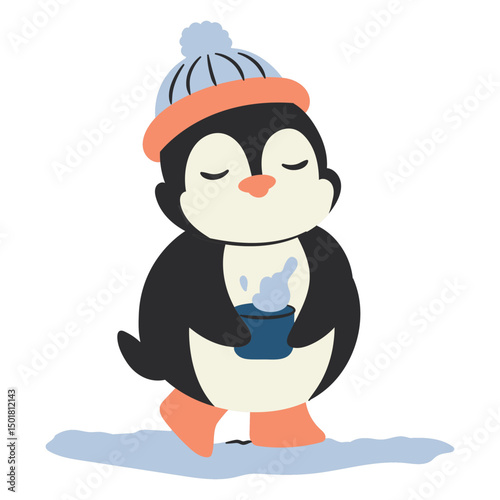 Cute winter penguin drinking hot cocoa illustration