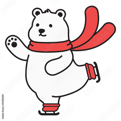 Cute white teddy bear with red scarf and skates