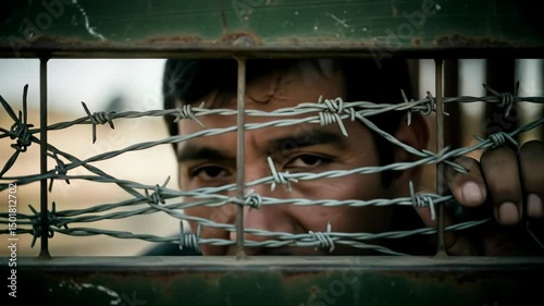 Mexican refugee man standing at the closed border looking through a barbed wire fence at the border, depicting a refugee's struggle for freedom and safety. Immigration issue.