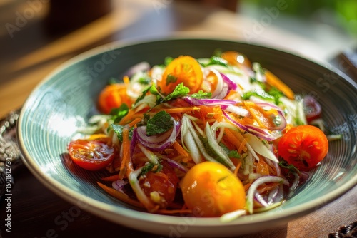 Green mango salad prepared with julienned mango, cherry tomatoes, red onion, garlic, lime juice, fish sauce, and crushed roasted peanuts. photo