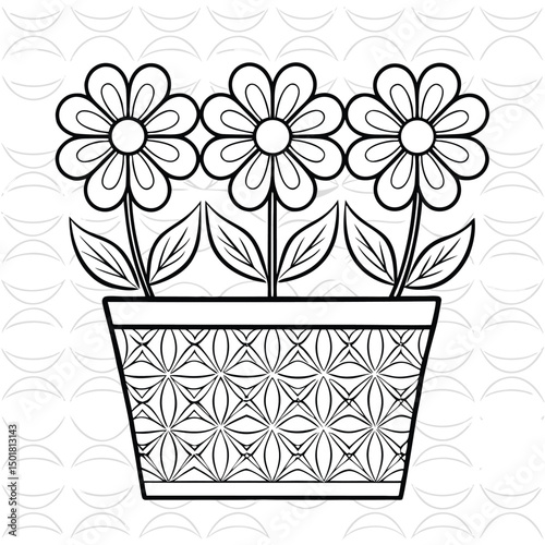 Elegant Flower Pot with Blooming Flowers Line Art Illustration
