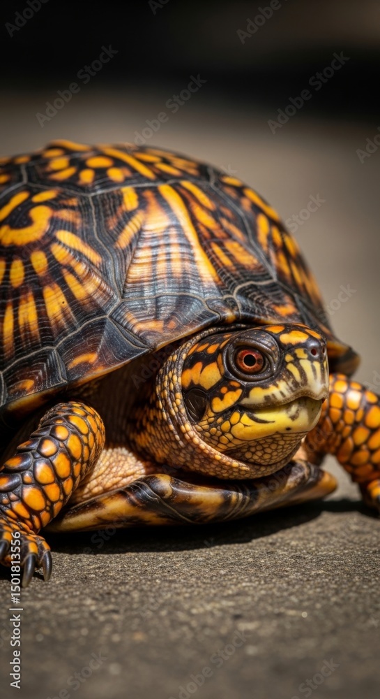 Obraz premium Close up photo of beautiful yellow and brown box turtle, wildlife photopraghy